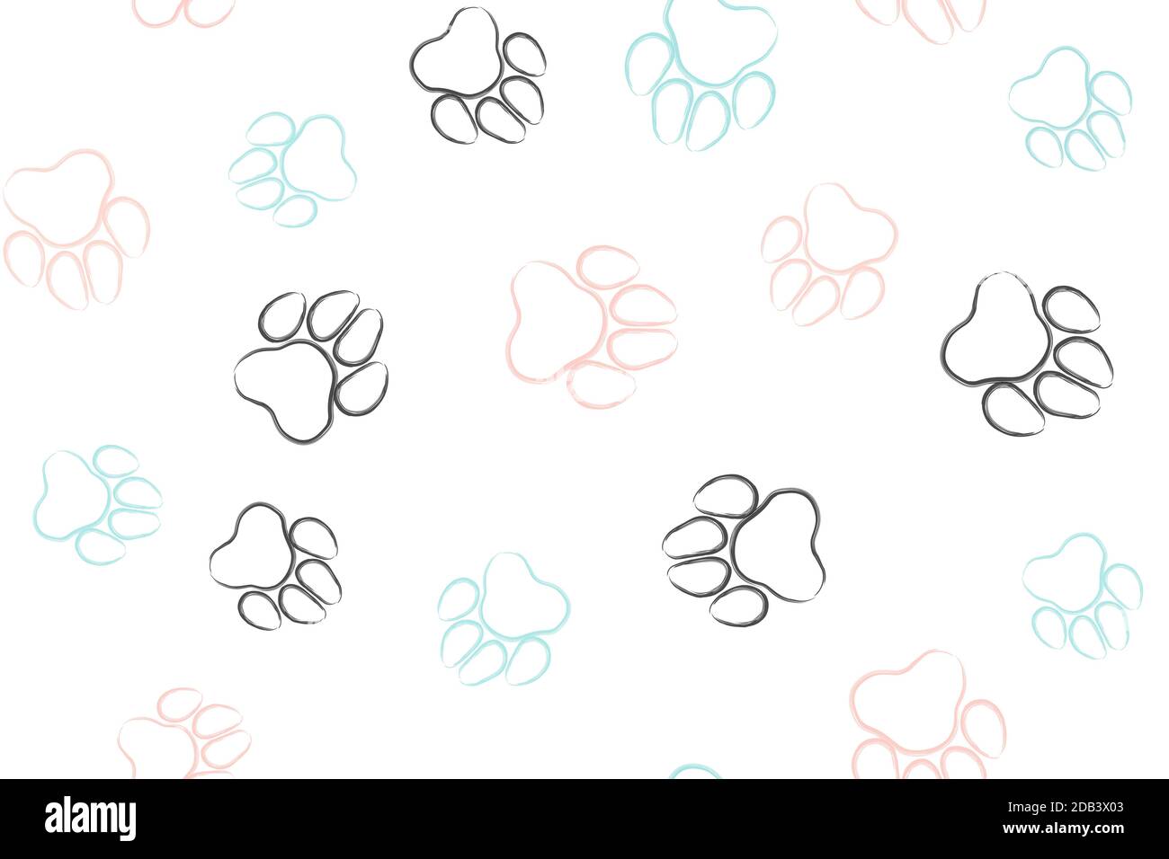 Doodle cane zampa senza cuciture sfondo. Pista di zampa nera, blu, rosa. Illustrazione Vettoriale