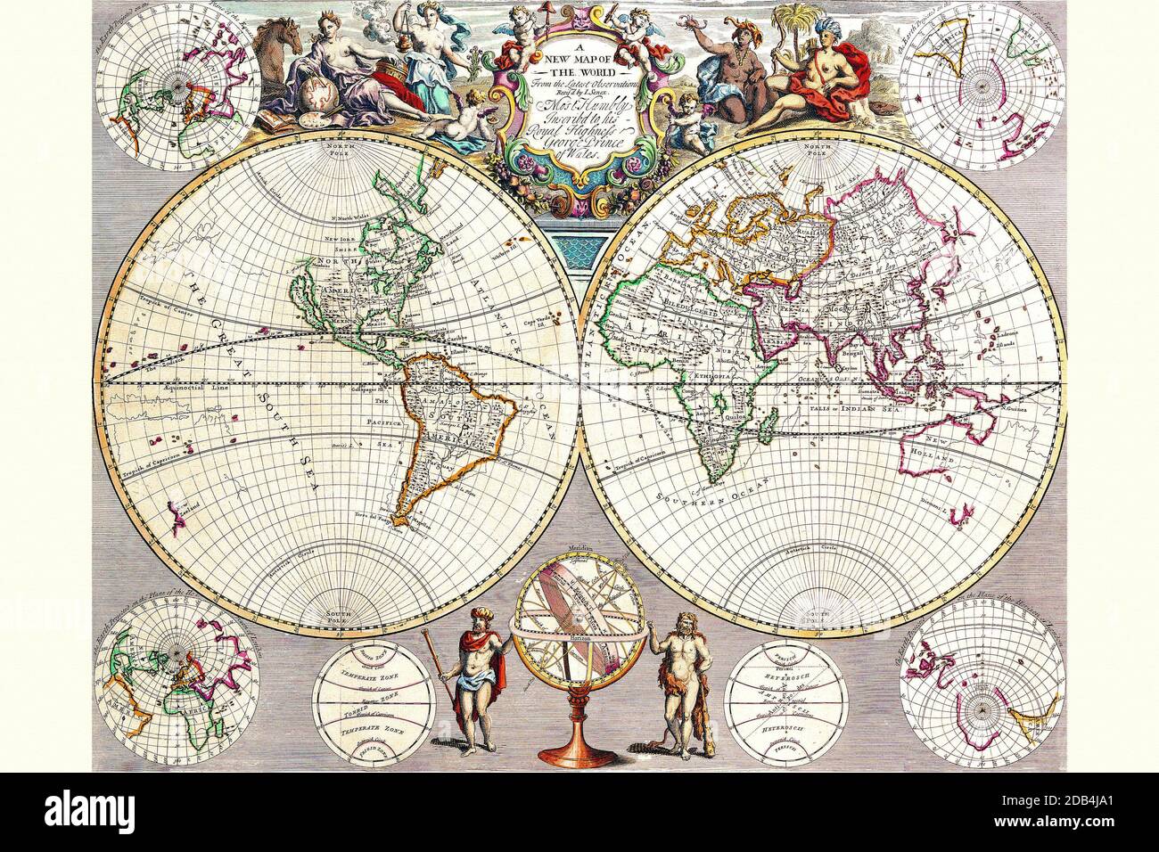 Proiezione stereografica degli emisferi orientali e occidentali abbelliti con i popoli indigeni in costume e in altri exotica e con inset di proiezioni polari e orbite celestiali. Foto Stock
