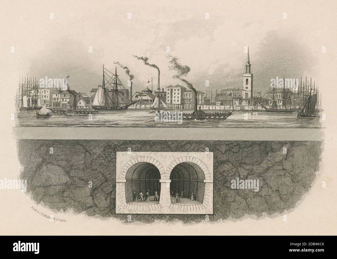 Antica incisione c1845, "il tunnel del Tamigi con vista su Rotherhithe, che mostra le posizioni relative del tunnel e del fiume. Il Thames Tunnel è lungo 1200 metri, 76 metri sotto l'alto livello dell'acqua, e costa £446,000. Aperto il 25 marzo 1843." FONTE: INCISIONE ORIGINALE Foto Stock