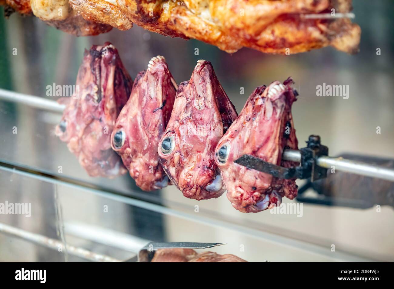 Teste di agnello arrosto grigliate su spiedini di metallo nel ristorante ristorante in mostra sulla strada della città Foto Stock
