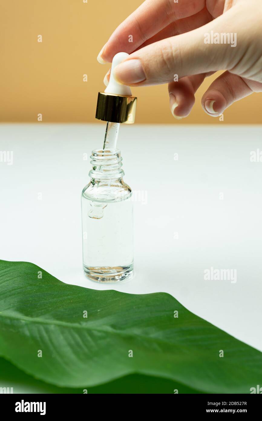 Flacone di vetro senza marchio per mano femminile con siero per la pelle. Trattamento idratante e rassodante per la pelle. Flacone per siero viso con contagocce. Cosme Foto Stock