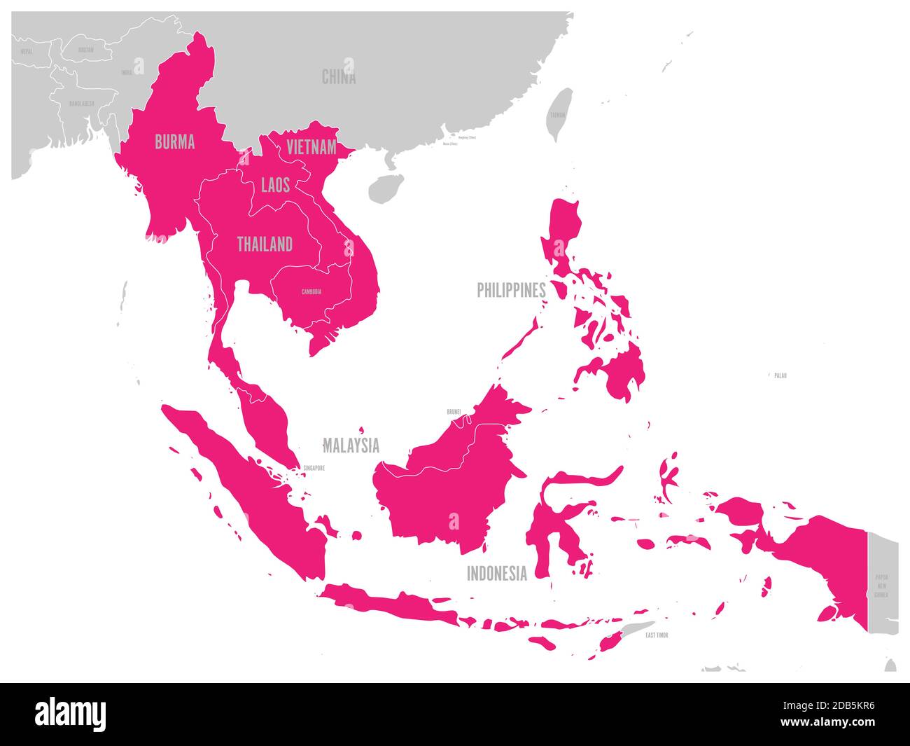 Comunità economica ASEAN, AEC, mappa. Mappa grigia con i paesi membri evidenziati in rosa, Sud-est asiatico. Illustrazione vettoriale. Illustrazione Vettoriale
