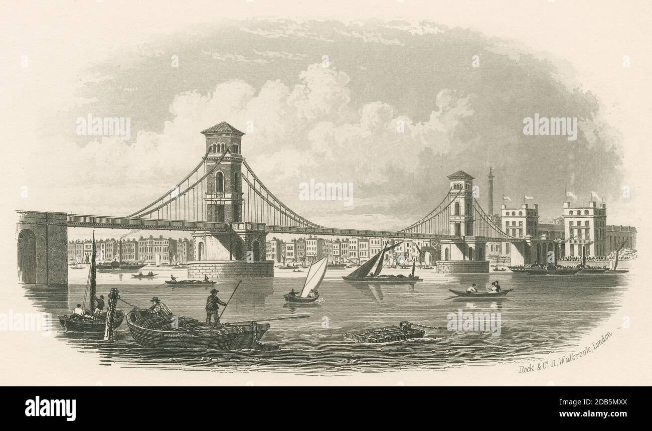 Antica incisione c1850, Hungerford Suspension Bridge. Il primo ponte Hungerford, progettato da Isambard Kingdom Brunel, fu inaugurato nel 1845 come ponte sospeso. FONTE: INCISIONE ORIGINALE Foto Stock