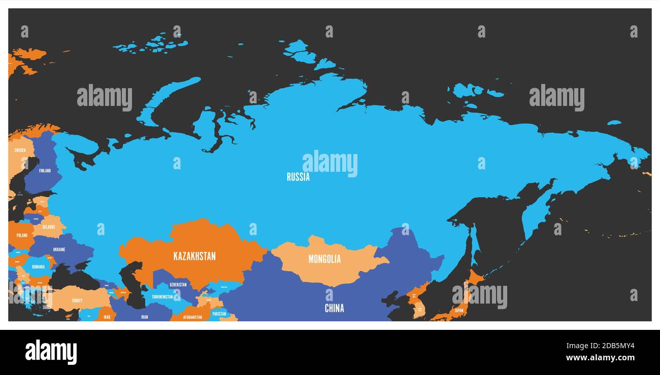 Mappa politica della Russia e dei paesi europei e asiatici circostanti. Mappa a quattro colori con etichette bianche su sfondo grigio scuro. Illustrazione vettoriale Illustrazione Vettoriale