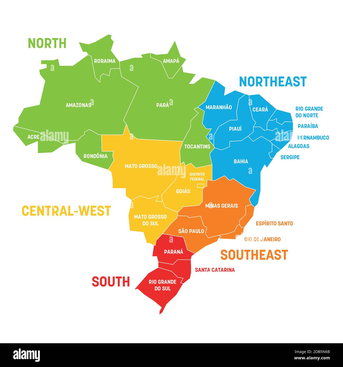 Mappa politica colorata del Brasile. Gli stati dividono per colore in 5 regioni . Semplice mappa vettoriale piatta con etichette. Illustrazione Vettoriale