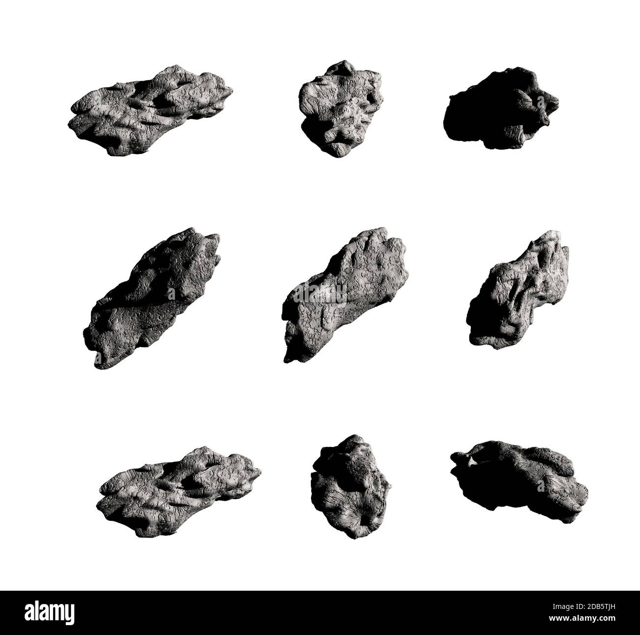 Collage 3D di meteoriti o asteroidi, se più grandi di 10 metri, isolati su bianco con il tracciato di ritaglio incluso nel file, per la fantascienza Foto Stock