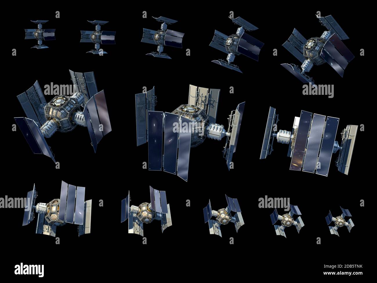 Esempi di illustrazioni 3D di una navicella spaziale o di un orbiter satellitare senza equipaggio con il percorso di ritaglio incluso nel file, per opere d'arte fantascientifiche o v. Foto Stock