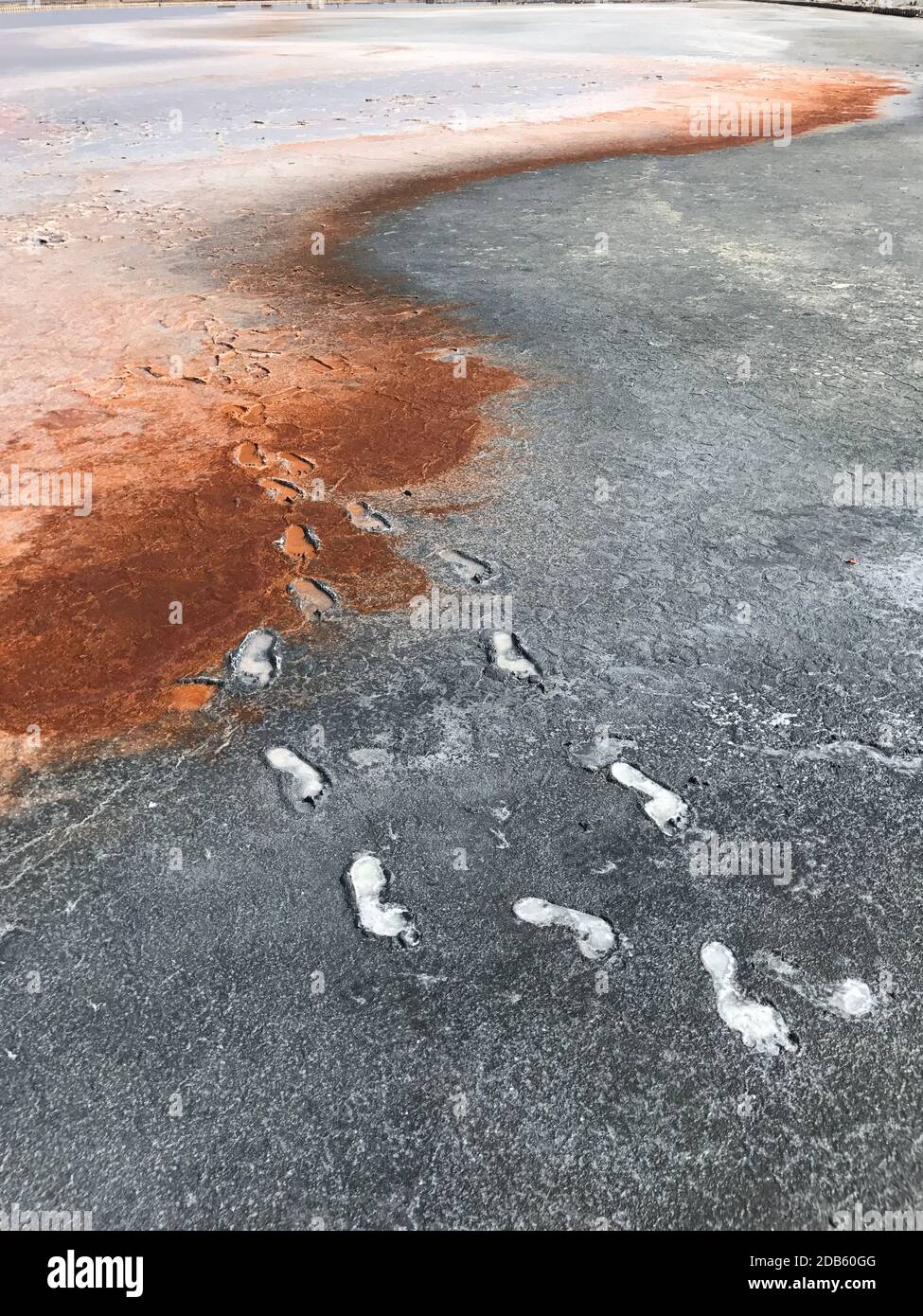 Passi nel fango arrugginito che illustrano il problema ecologico - inquinamento ambientale causato dall'uomo. Sfondo con spazio di testo Foto Stock