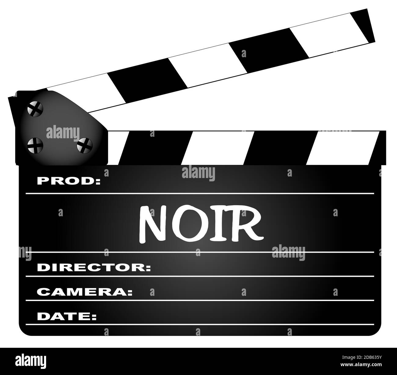 Un tipico film clapperboard con la leggenda Noir isolato su bianco. Foto Stock