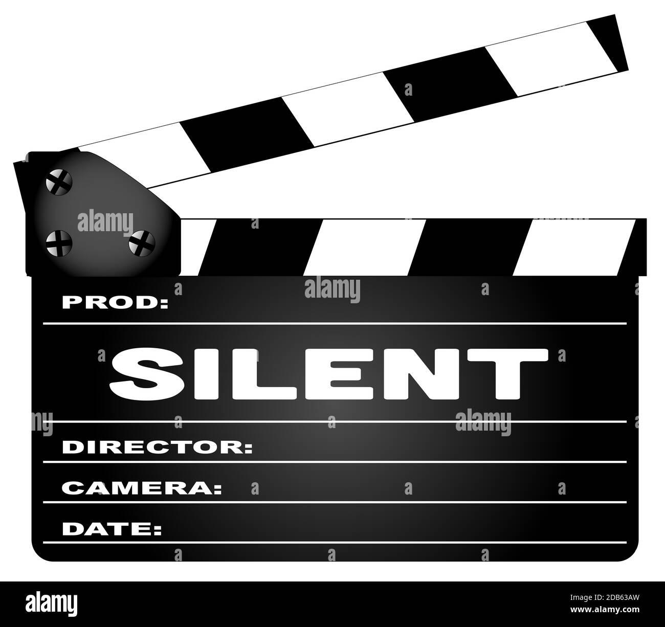 Un tipico film clapperboard con la leggenda Silent isolato su bianco. Foto Stock
