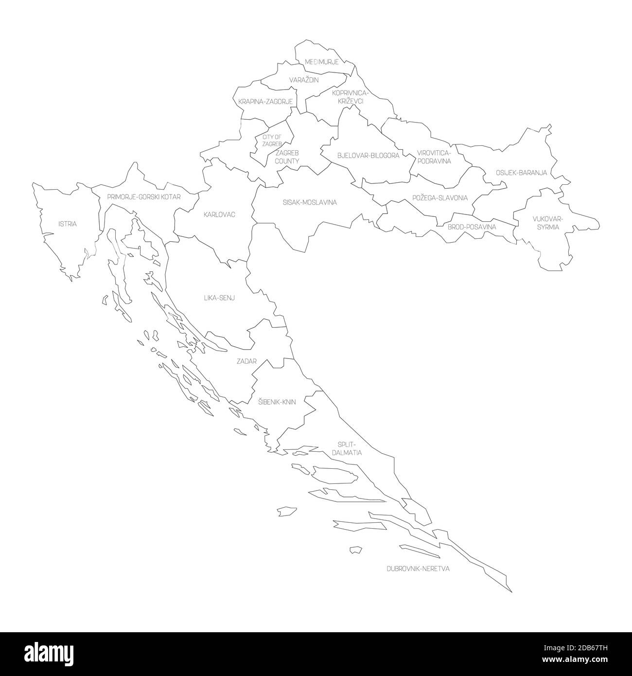 Mappa politica a profilo nero della Croazia. Divisioni amministrative - contee. Mappa vettoriale semplice con etichette. Illustrazione Vettoriale