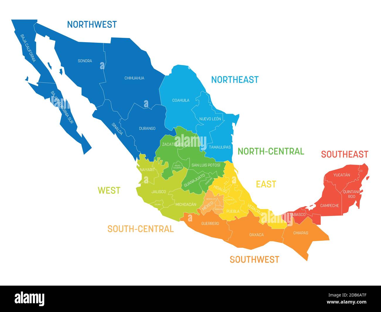 Mappa politica colorata del Messico. Divisioni amministrative - stati divisi per colore in regioni. Semplice mappa vettoriale piatta con etichette. Illustrazione Vettoriale