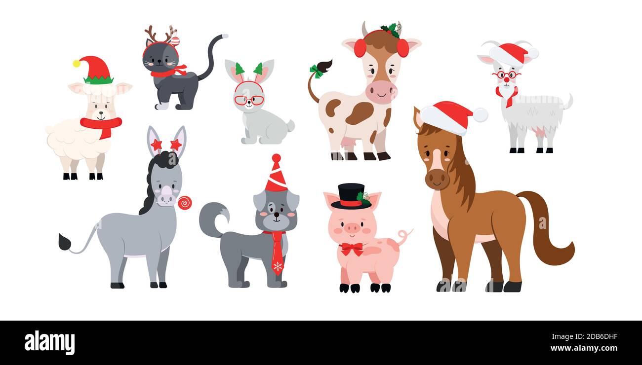 Animali di allevamento di Natale impostati isolati su sfondo bianco. Illustrazione Vettoriale