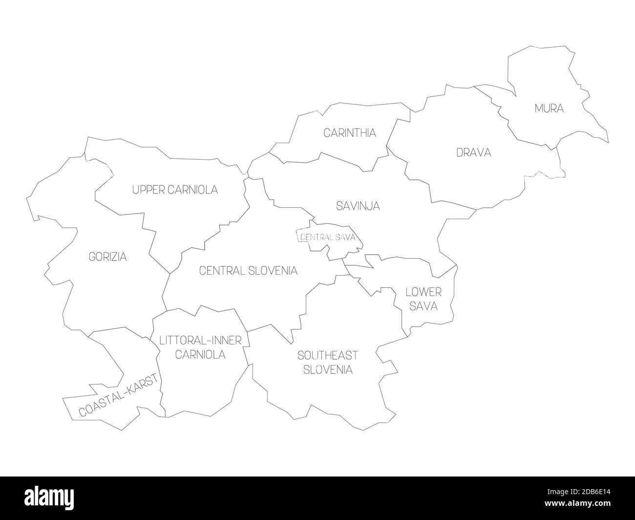 Mappa politica a profilo nero della Slovenia. Divisioni amministrative - regioni statistiche. Mappa vettoriale semplice con etichette. Illustrazione Vettoriale