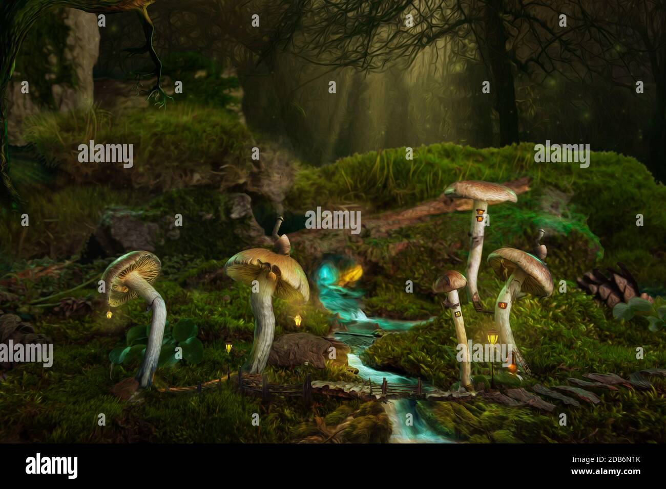 Psilocybin, la magia psichedelica dei funghi in una fantastica foresta da fiaba. Foto Stock