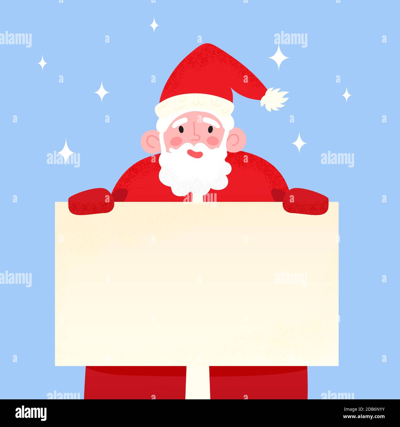 Felice Babbo Natale con un cartello vuoto. Sorridente Papa Noel dietro la bandiera di festa, su sfondo blu nevoso. Illustrazione vettoriale di Merry Illustrazione Vettoriale