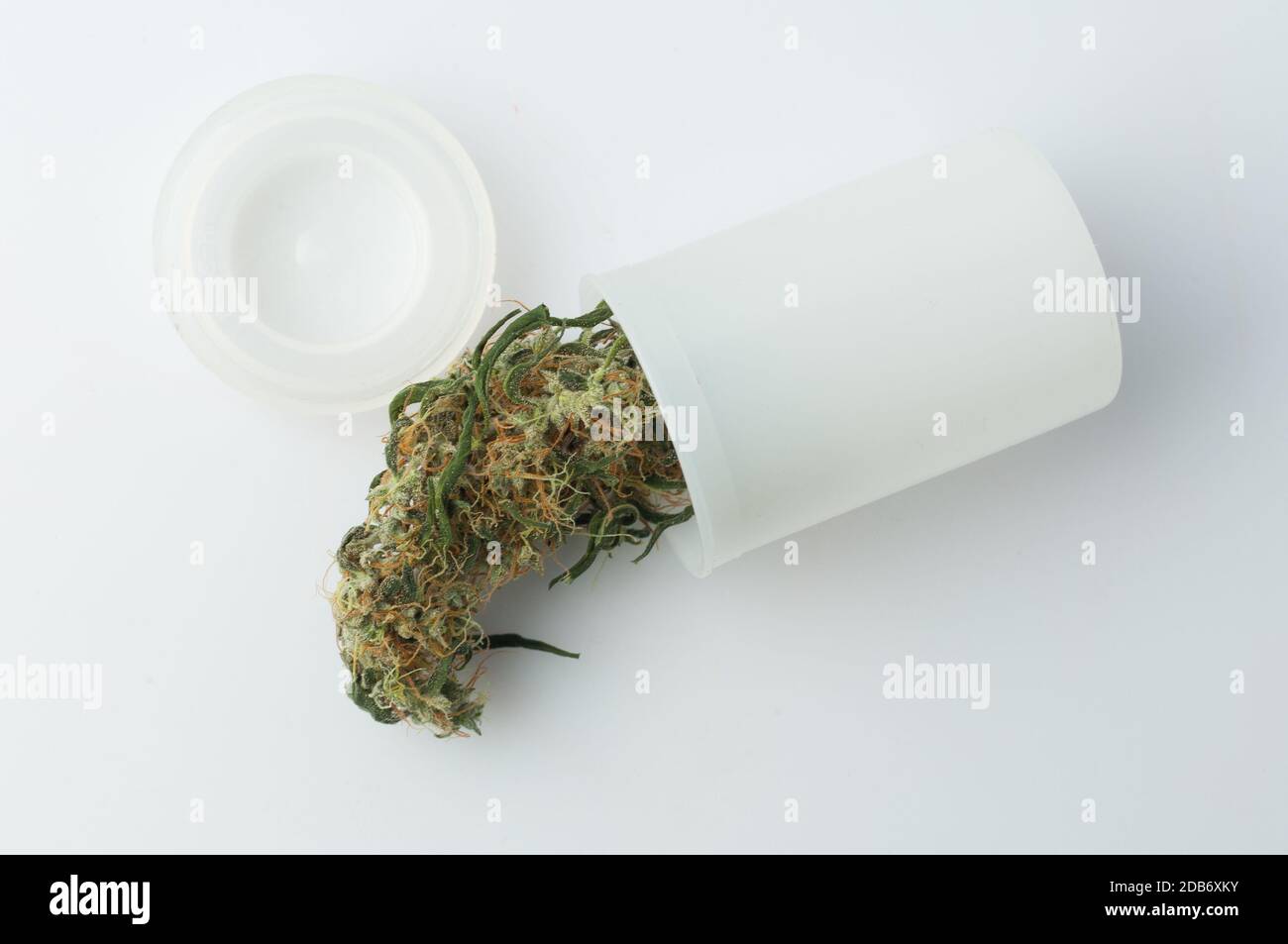 Germoglio di cannabis in confezione su sfondo bianco. Droga medica di cannabis. Foto Stock