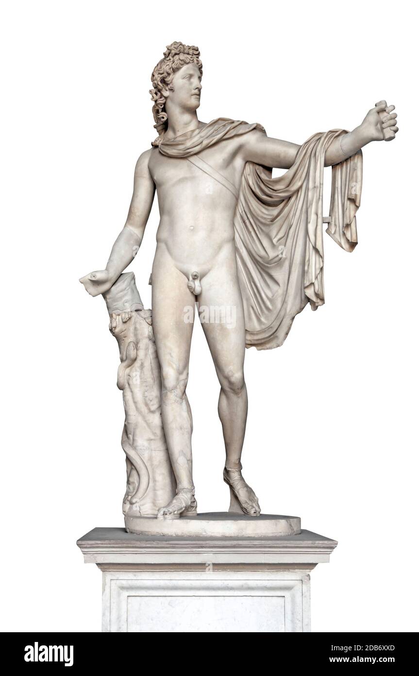 Vista frontale dell'antica statua del Belvedere Apollo isolata su sfondo bianco. Antica mitologia greca e arte marmorea Foto Stock