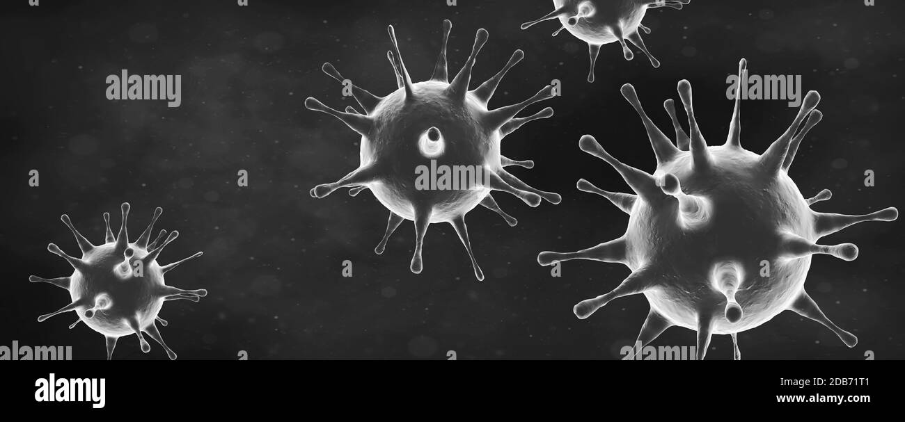 Vista microscopica delle cellule del virus dell'influenza. Illustrazione medica 3D Foto Stock