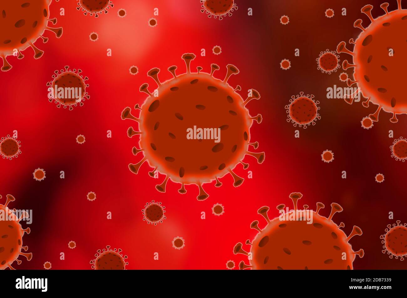 Virus Corona o ceppi di virus Covid-19 sullo sfondo rosso. Spazio di copia Foto Stock