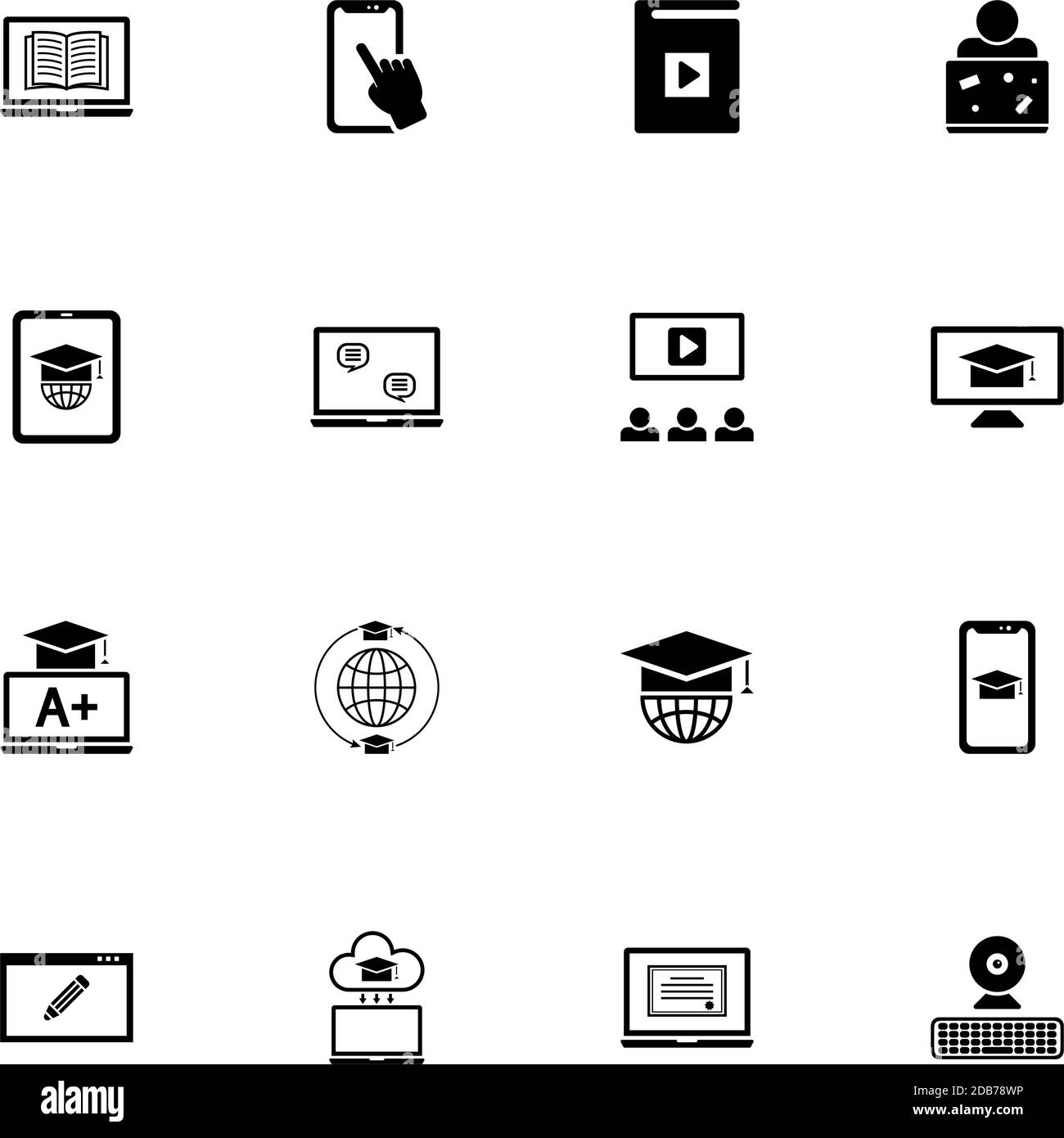 Icona formazione online - Espandi a qualsiasi dimensione - Cambia a qualsiasi colore. Perfect Flat Vector contiene icone come diploma, webcam, cappello di laurea per studenti, Illustrazione Vettoriale