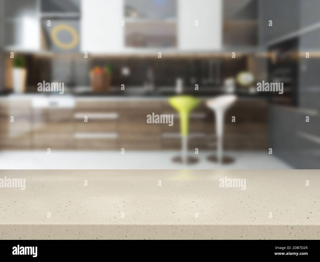 scrivania vuota in pietra bianca con sfondo della cucina sfocato disponibile in rendering 3d ad alta risoluzione esigenze del progetto per il montaggio prodotto Foto Stock