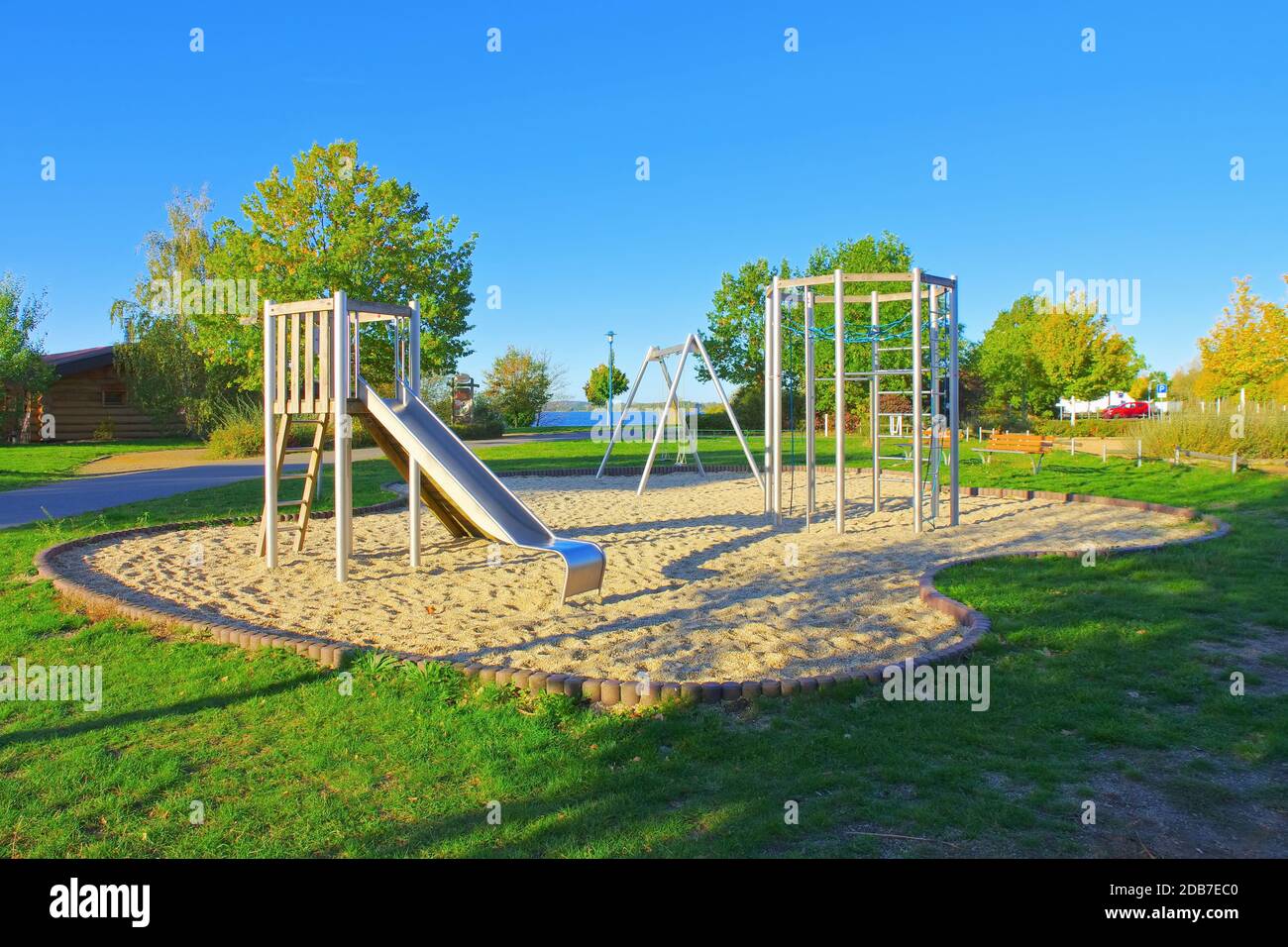 Senftenberg Lake Beach Buchwalde e parco giochi, Lusaziano Lake District, Germania Foto Stock