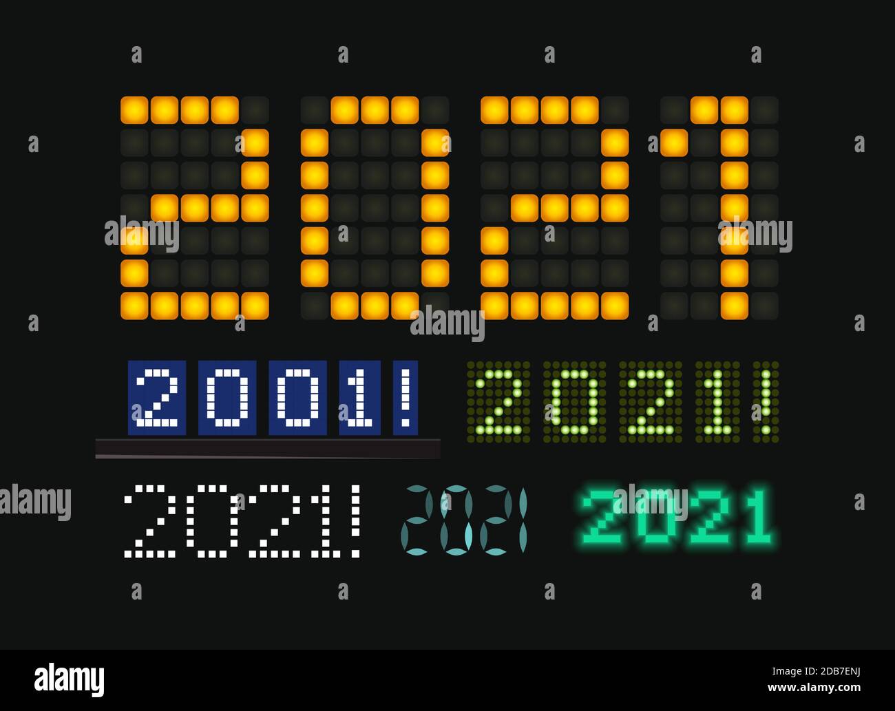 Figure 2021 Set vettoriale, numeri incandescenti sul display elettrico. Personaggi per la trendy futuristica carta di Capodanno, display digitale e tabellone segnapunti per Illustrazione Vettoriale