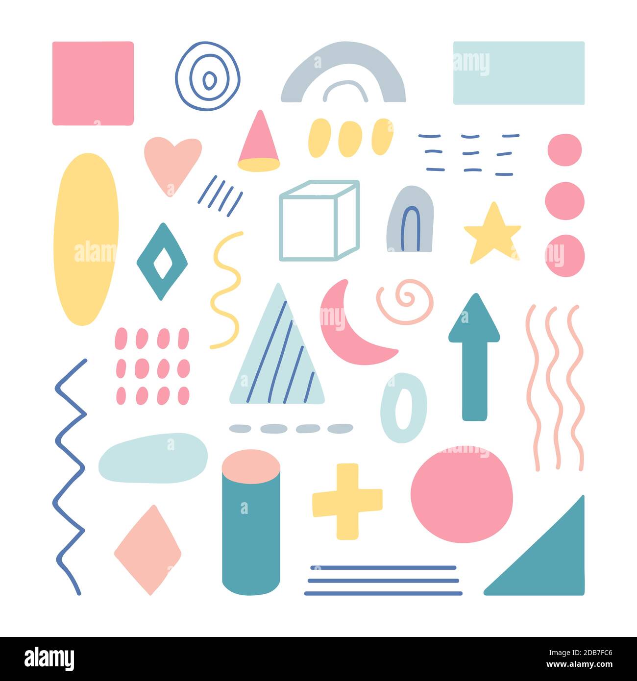 Collezione di forme geometriche. Modelli geometrici unici disegnati a mano. Elementi di progettazione Memphis per i social media. Texture minima. Forme organiche in Illustrazione Vettoriale