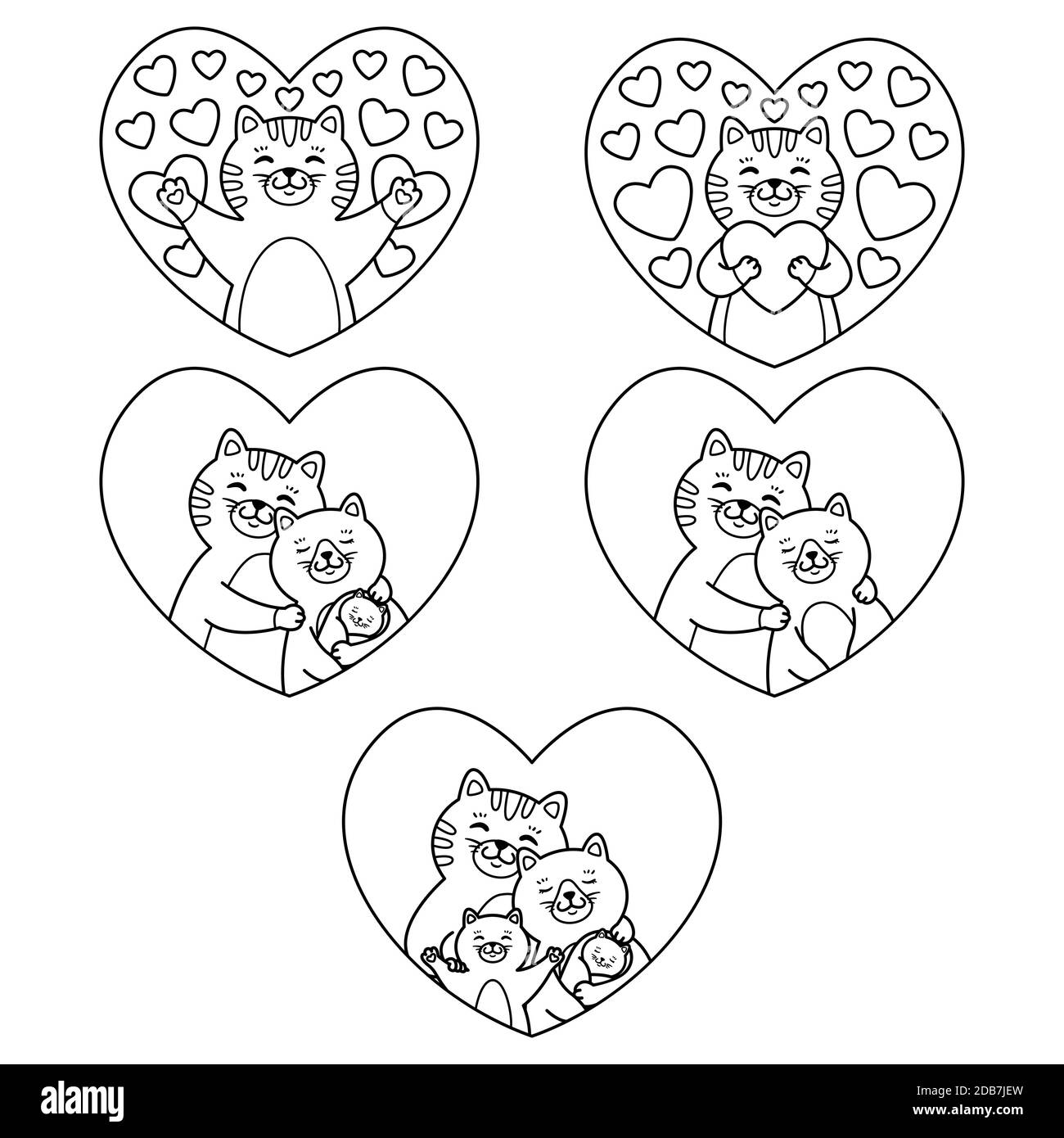 Gatti famiglia madre, padre, bambino e neonato abbraccio nel cuore. Tomcat abbraccia un cuore. Insieme di elementi graziosi. Illustrazione vettoriale isolata su bianco ba Illustrazione Vettoriale