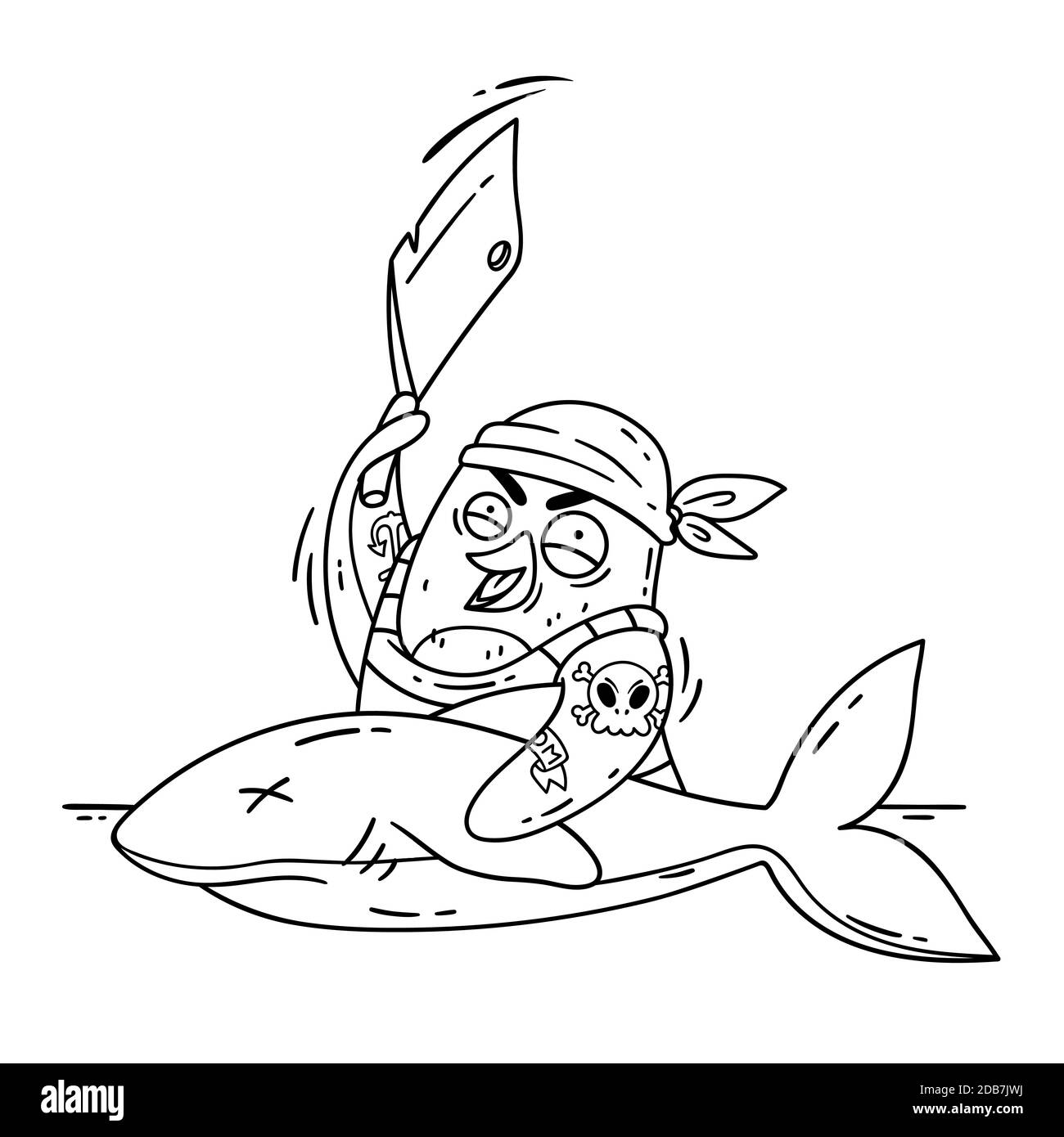 Pinguino pirata pazzo taglia uno squalo con un cliver. Cuocere sulla nave cucinando il pesce. Divertente uccello vettore illustrazione isolato su sfondo bianco in doodle Illustrazione Vettoriale