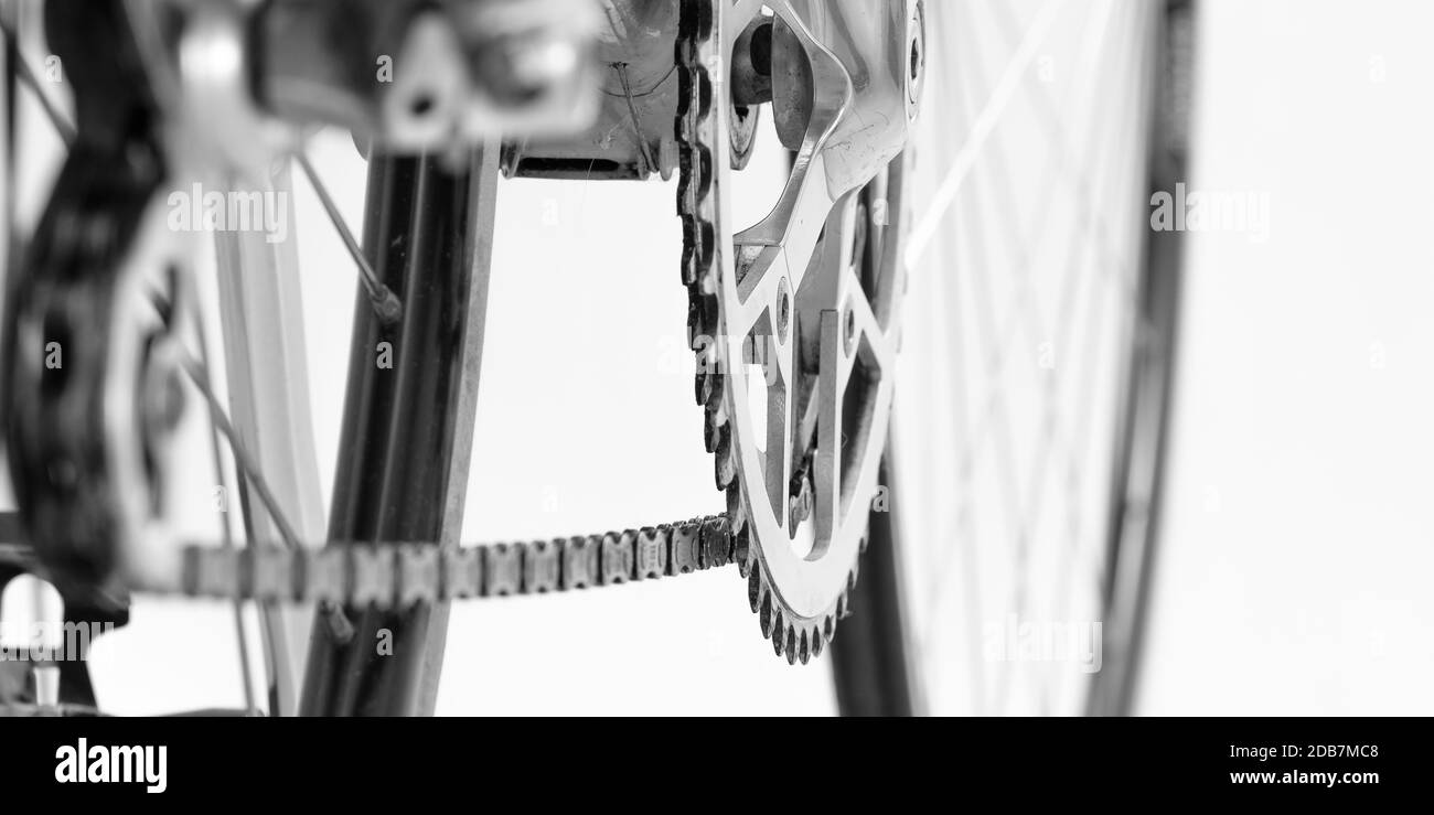 Pignone con catena biiciclica in primo piano in bianco e nero Foto Stock