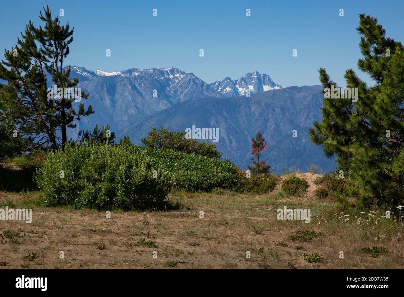 WA18134-00...WASHINGTON - Vista dalla svolta lungo la Chumshick Mountain Road con il Monte Stuart e Little Annapurna in vista nel Wenatchee NF. Foto Stock