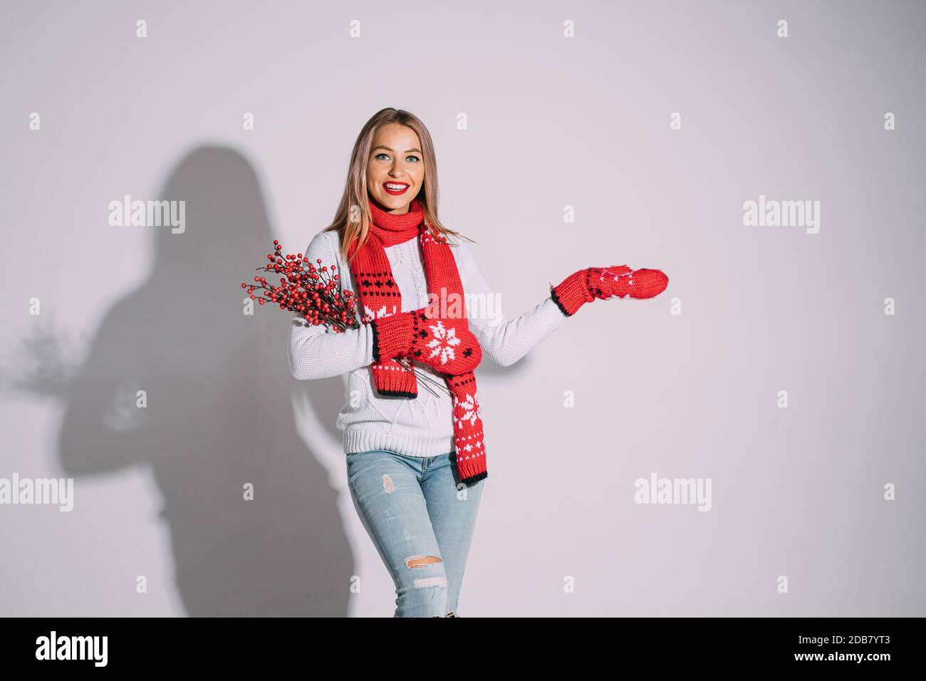 Mirthful giovane donna che posa con rami di bacche rosse Foto Stock