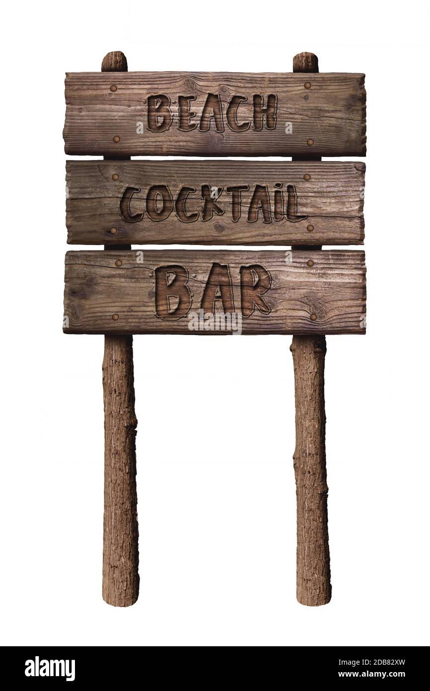 Estate in legno segno della scheda con testo, Spiaggia Cocktail Bar isolato su sfondo bianco Foto Stock