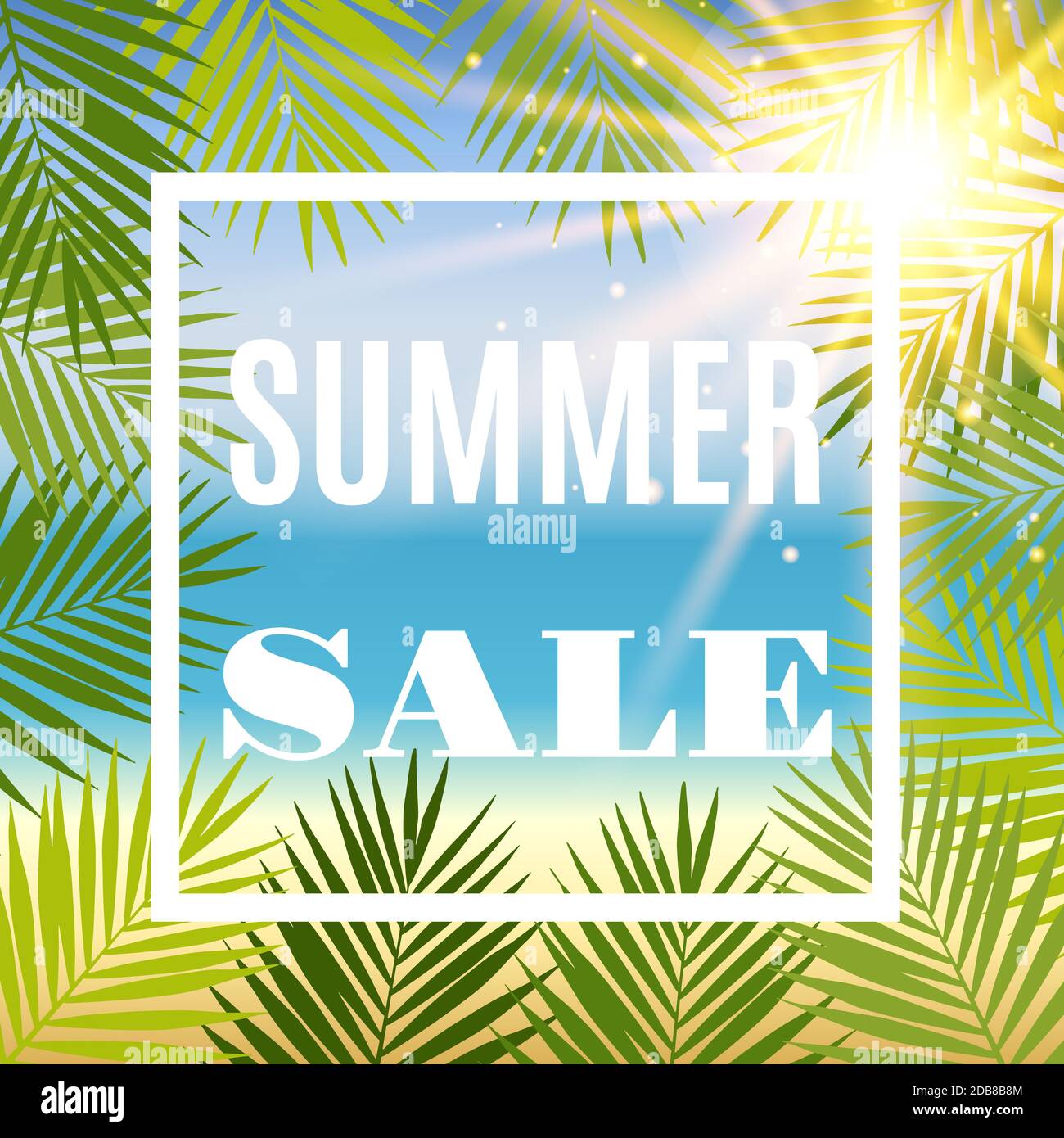 Estate vendita sfondo con palm e sun. Illustrazione Vettoriale Foto Stock