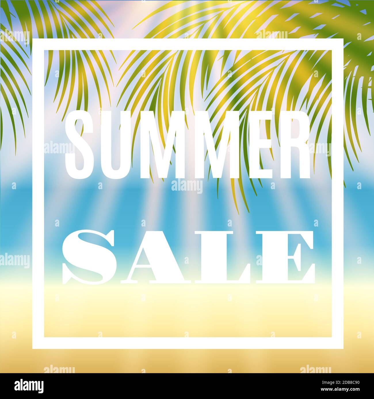 Estate vendita sfondo con palm e sun. Illustrazione Vettoriale Foto Stock