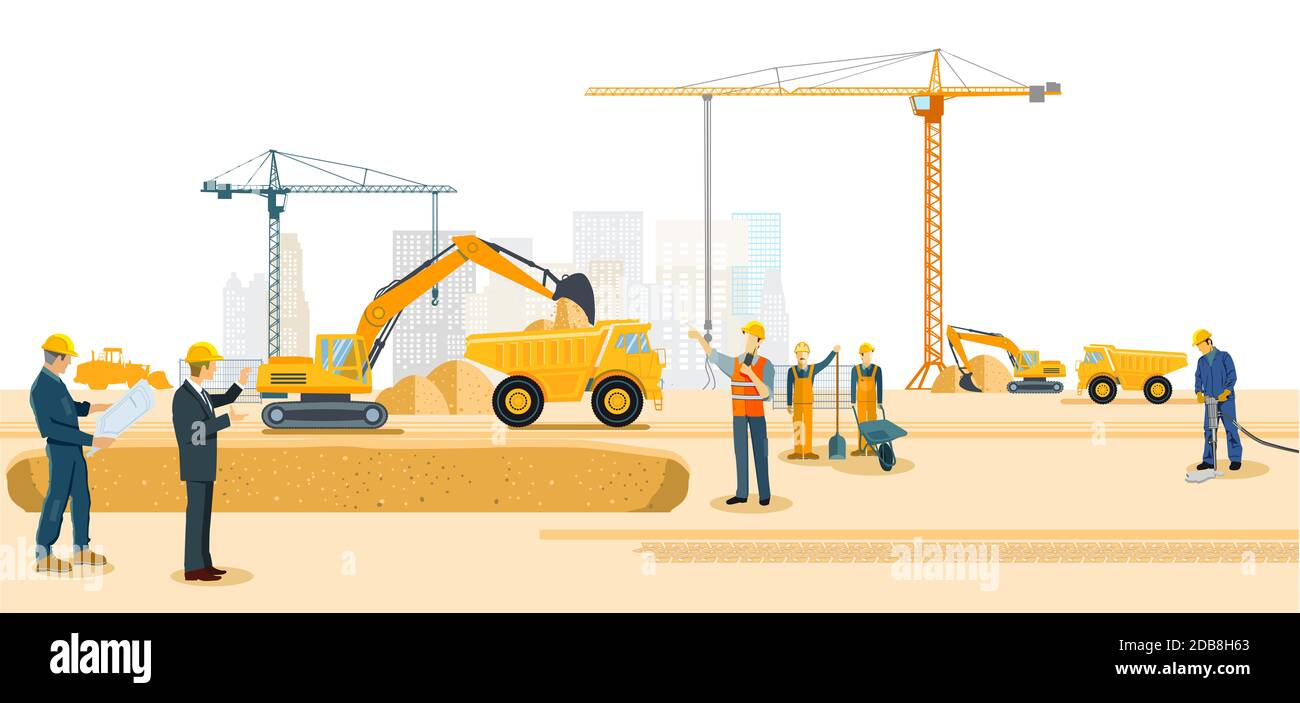 Cantiere con escavatori e autocarri pesanti Foto Stock