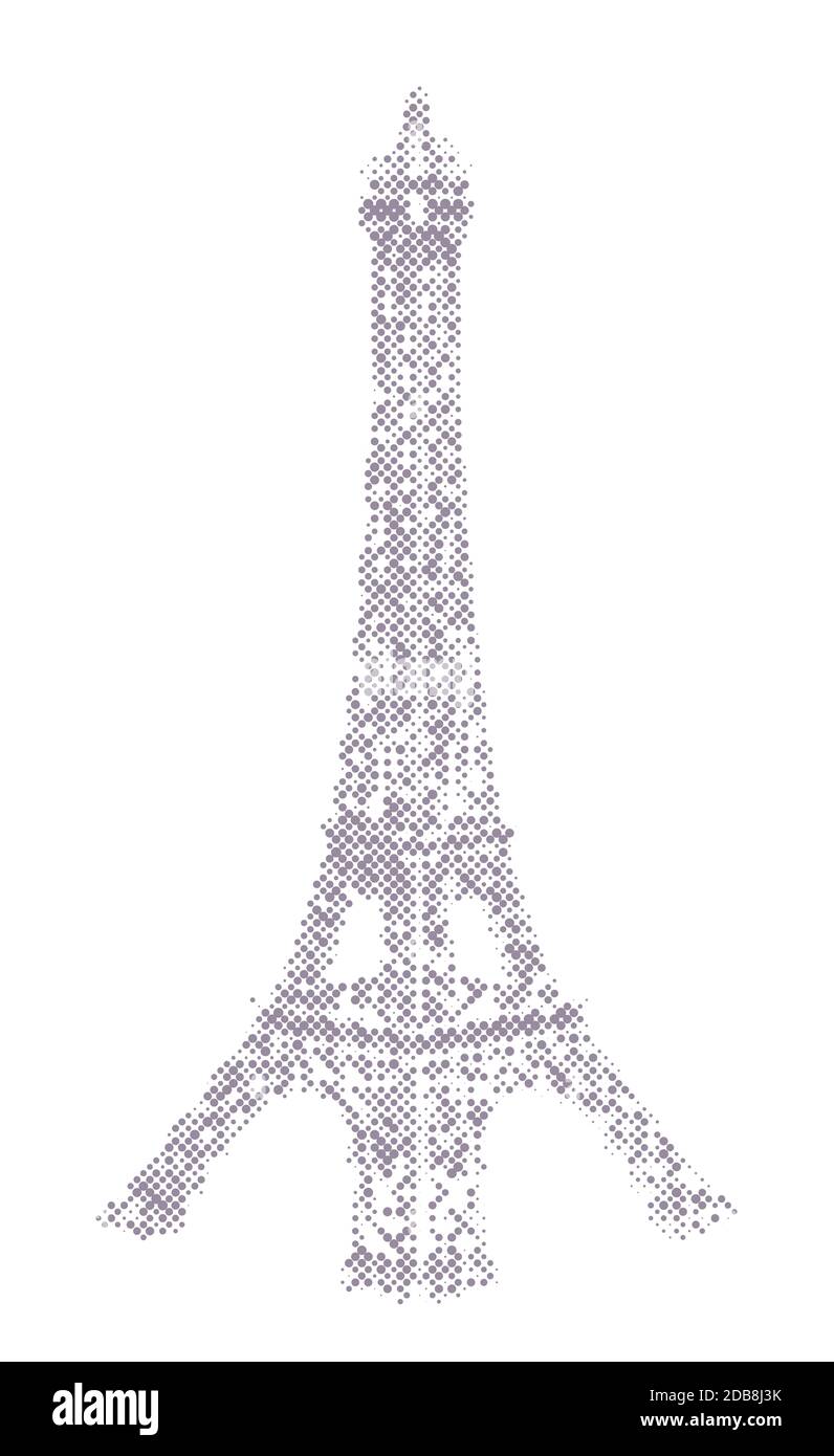 Illustrazione dei mezzitoni della Torre Eiffel, punti viola desaturati su sfondo bianco Foto Stock