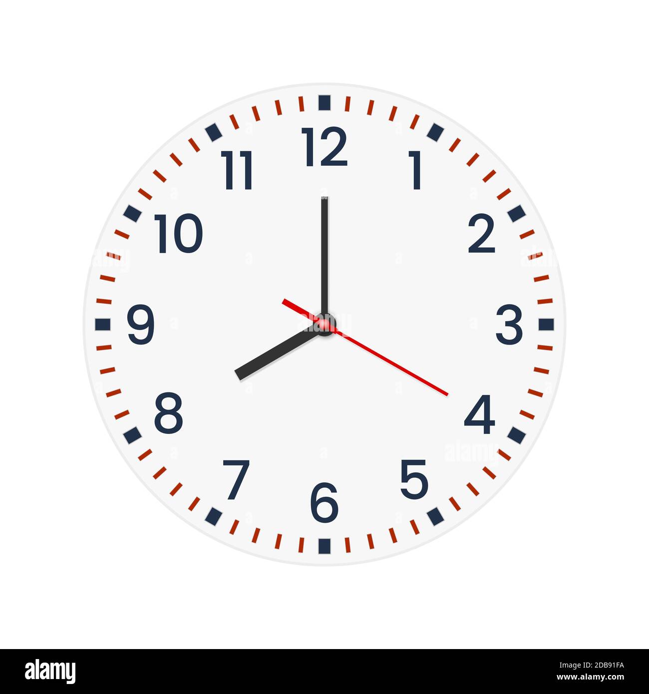Quadrante orologio realistico con minuti, numeri di ore e seconda mano. Centro rosso. Orologio Symbol isolato su bianco, da utilizzare per l'interfaccia utente Web e mobile. EPS 10 vecto Foto Stock