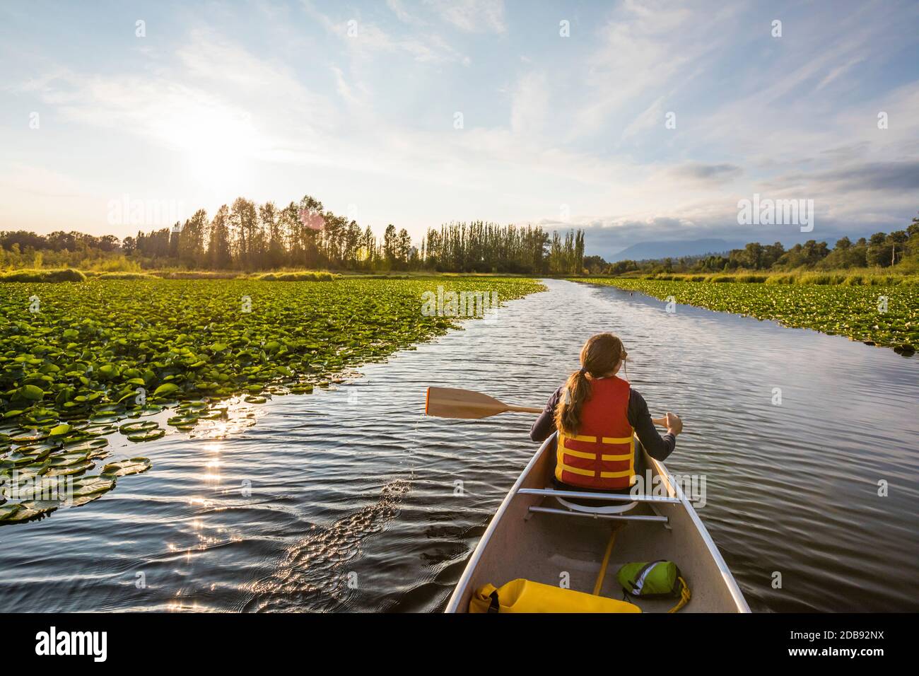 Canoa sul lago Burnaby, British Columbia. Foto Stock