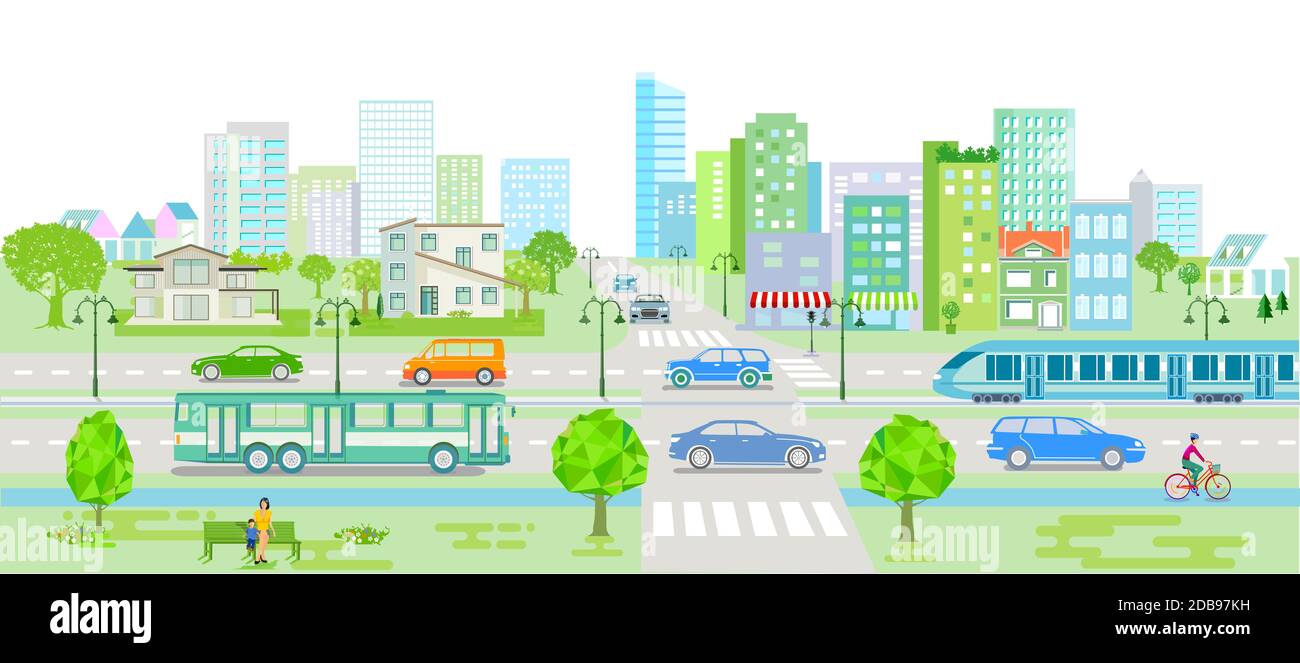 Silhouette cittadina con auto, autobus e tram Foto Stock