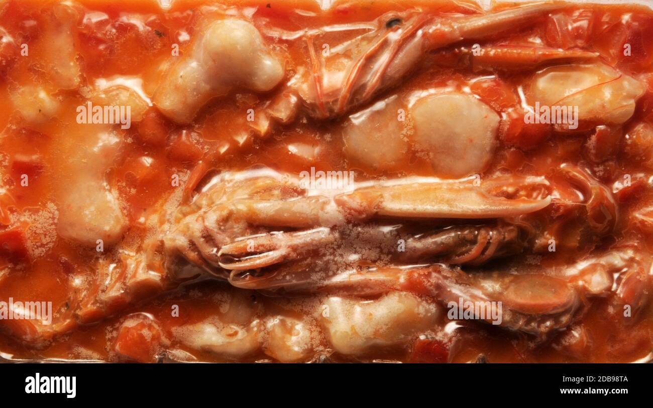 Crostacei e molluschi congelati nella confezione. Foto Stock