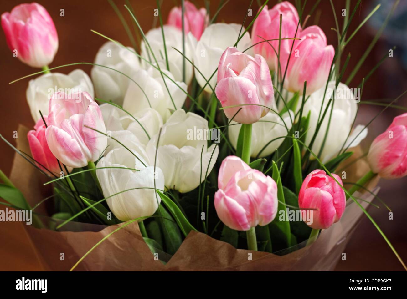 Bel bouquet di tulipani bianchi e rosa per un buon umore Foto Stock