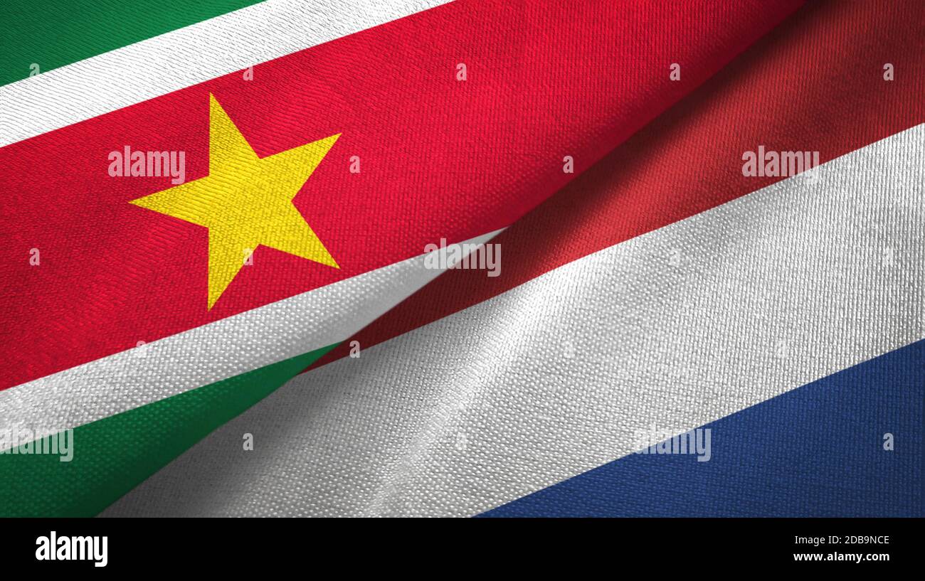 Suriname e Paesi Bassi due bandiere tessuto tessuto, tessuto Foto Stock