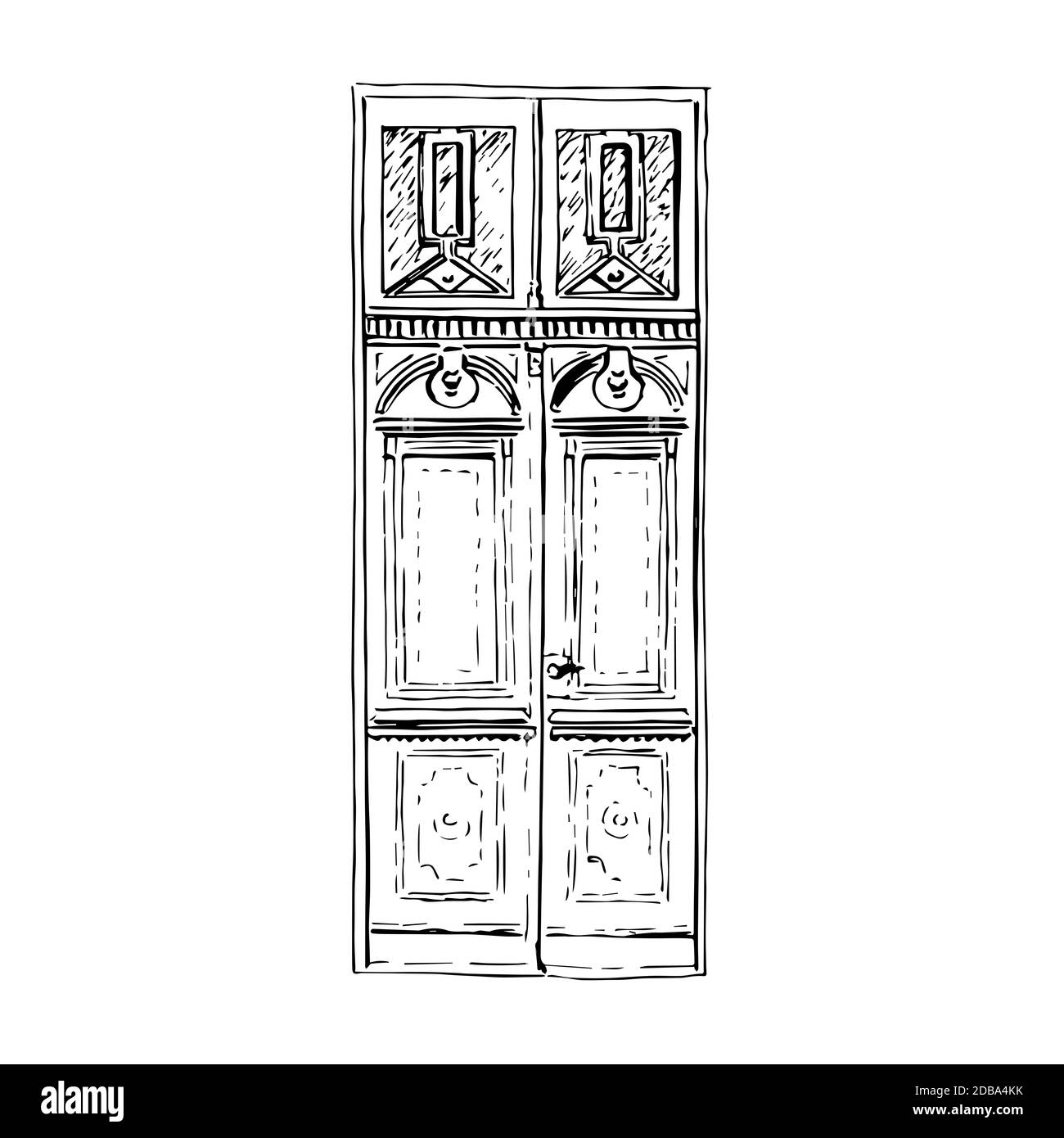 Una silhouette della porta doppia vintage in legno resistente alle intemperie. Illustrazione disegnata a mano. Stile schizzo penna inchiostro. Icona per il disegno, le stampe, lo sfondo Foto Stock