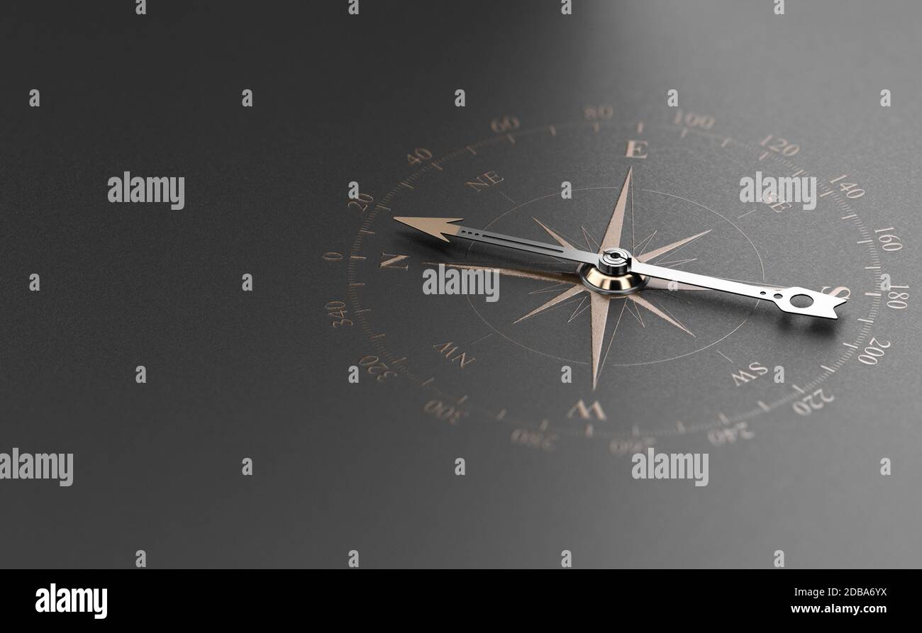 Bussola dorata su sfondo nero moderno. Concetto di orientamento o orientamento aziendale, illustrazione 3D. Foto Stock