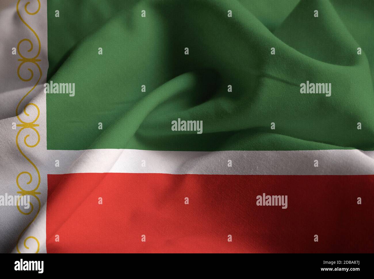 Primo piano della increspato Repubblica Cecena Bandiera, Repubblica Cecena bandiera soffiando nel vento Foto Stock