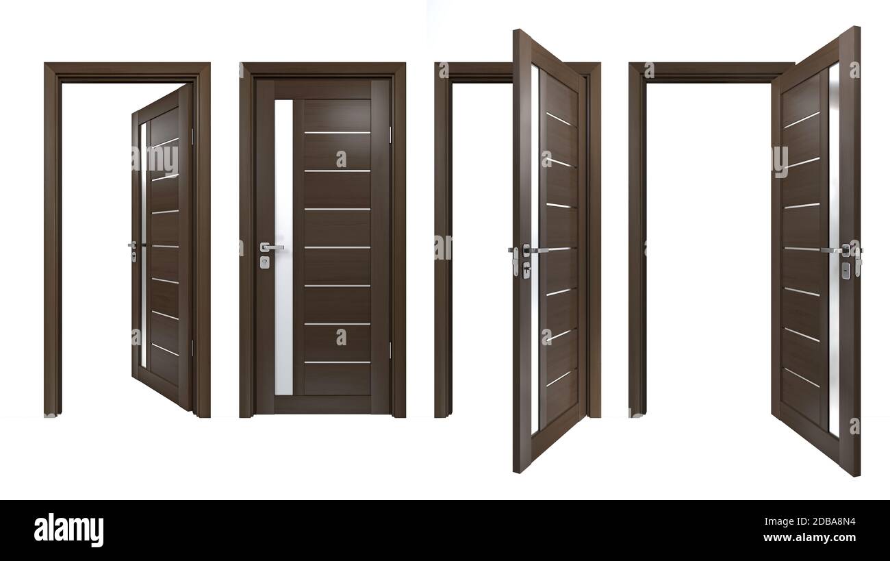 Set di porte 3D realistiche con striscia verticale in vetro e tavole orisontali in legno. Struttura ad alta risoluzione di ingressi in legno marrone scuro isolati su wh Foto Stock Set di porte 3D realistiche con striscia verticale in vetro e tavole orisontali in legno. Struttura ad alta risoluzione di ingressi in legno marrone scuro isolati su wh Foto Stock