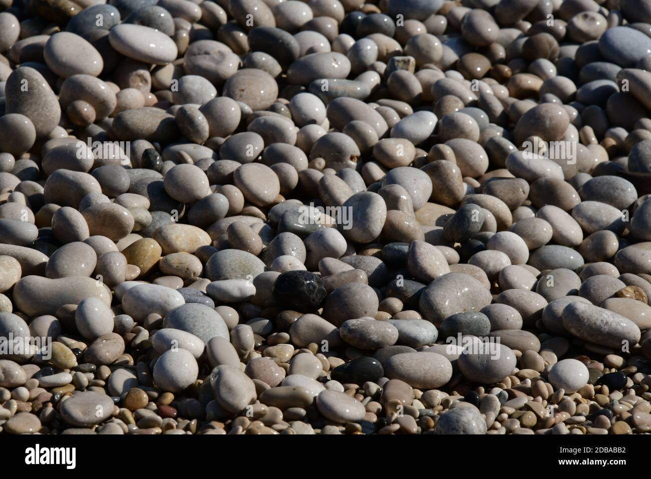 Pietre grandi, piccole, rotonde sulla spiaggia mediterranea in provincia di Alicante, Spagna Foto Stock